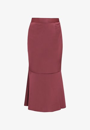 Bordó térdig érő szoknya, testhezálló derékkal, bővülő szegéllyel, sima textúrával és oldalsó sliccel, amely extra mozgást és részletet ad.