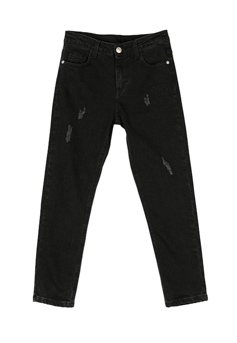 Jeans in denim nero con vita alta e vestibilità slim. Presentano dettagli strappati e un marchio discreto vicino alla tasca. Cuciture rinforzate.