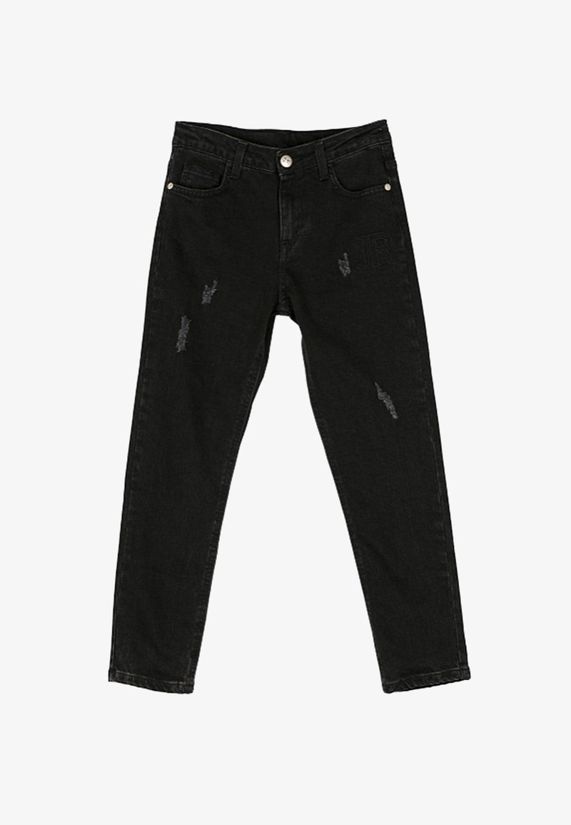 Jeans in denim nero con vita alta e vestibilità slim. Presentano dettagli strappati e un marchio discreto vicino alla tasca. Cuciture rinforzate.