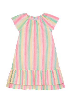 Bunt gestreiftes Kleid mit kurzen Ärmeln, in zarten Pastelltönen von Rosa, Grün und Gelb, mit Rüschensaum und leichtem Stoff.