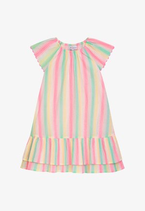 Bunt gestreiftes Kleid mit kurzen Ärmeln, in zarten Pastelltönen von Rosa, Grün und Gelb, mit Rüschensaum und leichtem Stoff.