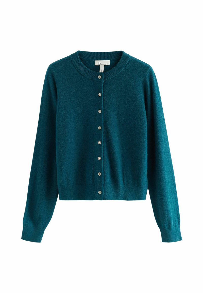 Teal cardigan lavet af blødt materiale med rund hals, lange ærmer og knaplukning ned foran. Ingen mønstre eller udsmykninger.