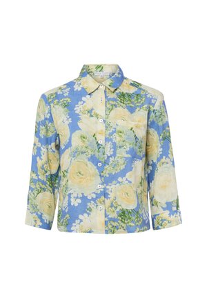 Niebieska koszula na guziki z żółtym i białym kwiatowym nadrukiem, rękawy do łokcia, kołnierzyk oraz kieszeń na piersi.