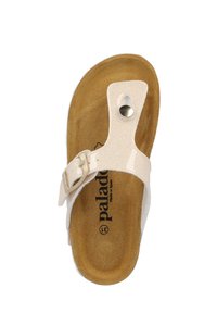 Sandal con glitter rosa chiaro, con una sola cinghia, fibbia metallica e una soletta marrone testurizzata, con il nome del marchio stampato all'interno.