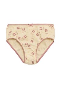 Ropa interior de algodón beige con un patrón de conejitos impresos y pequeños corazones, con un suave ribete rosa y un lazo en la cintura.