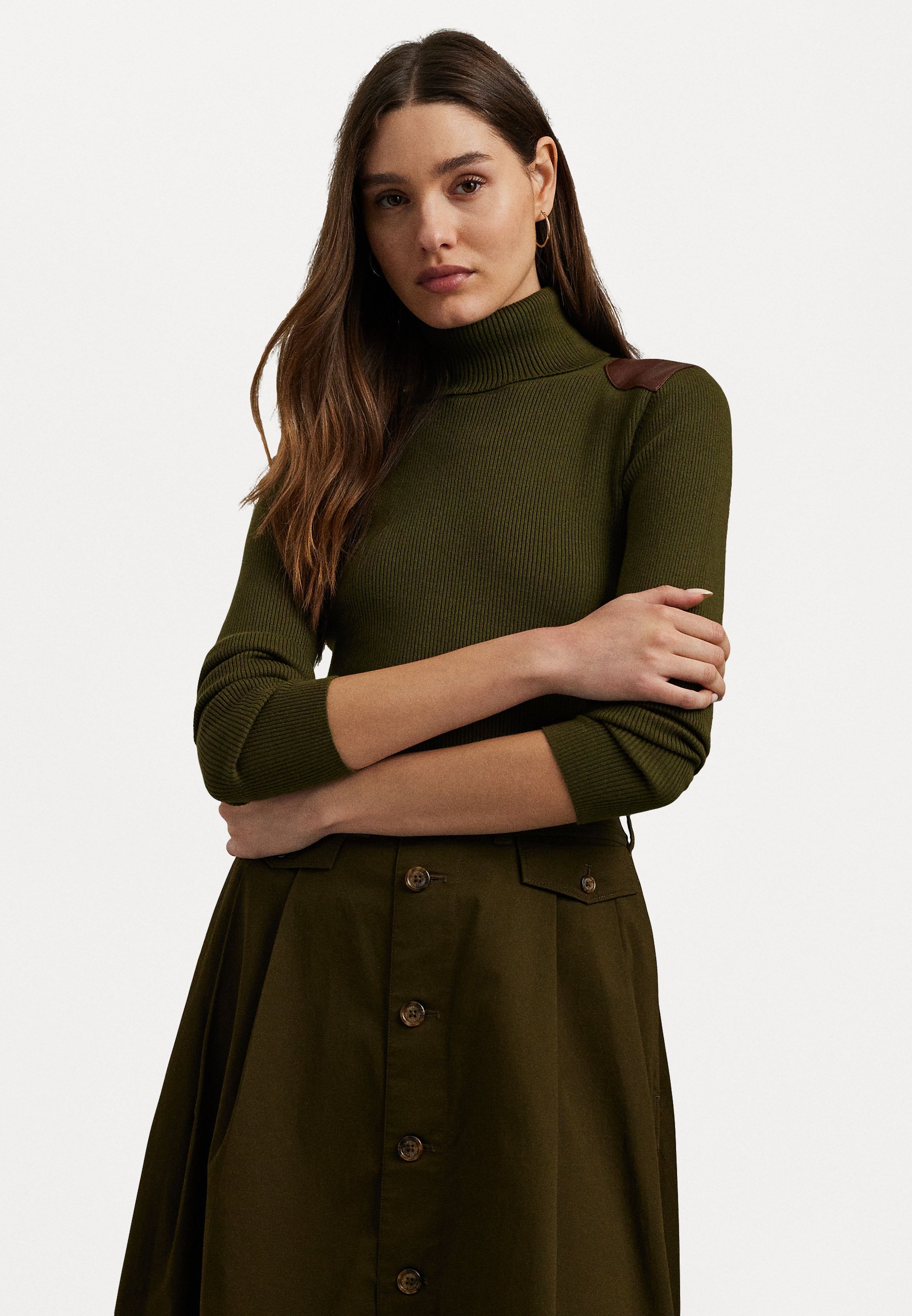 Lauren Ralph Lauren FAUX LEATHER-TRIM RIB KNIT ROLL NECK - Jumper - botanic  green/green - Zalando.ie