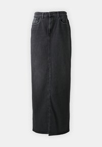 Black denim maxi skirt with a straight cut, front slit, five-pocket design, and belt loops. Features subtle stitching details.