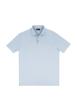 Jasnoniebieska koszulka polo z krótkim rękawem, zapinana na dwa guziki, z klasycznym kołnierzykiem, prezentowana na białym tle.