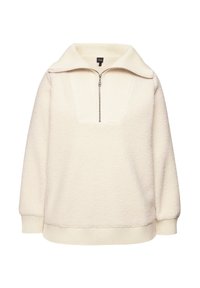 Pullover in pile crema con zip a metà altezza e colletto a coste. Presenta una scollatura quadrata e spalle scese, con polsini e orlo a coste.