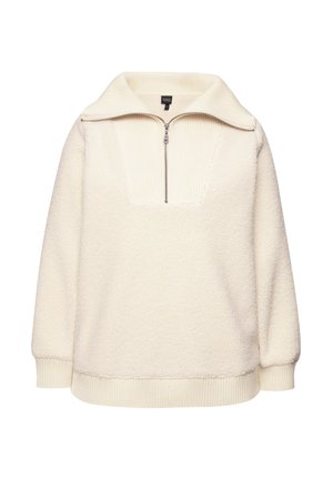 Krémový fleecový pulovr s polovičním zipem a ribbed límcem. Disponuje čtvercovým výstřihem a spadlými rameny, s ribbed man�žetami a lemem.