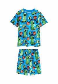 Bomsæt pyjamas med blå bund og grønne pixelmønstrede figurer, korte ærmer og shorts med elastisk taljebånd.