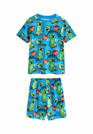 Medvilninių pižamos komplektas, kurio pagrindas mėlynas, su žaliais pikselių pavidalo veikėjų raštais, trumpomis rankovėmis ir šortais su elastinga juosmens juosta.