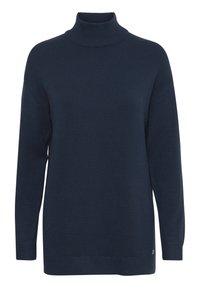 Dunkelblauer Rollkragenpullover aus weichem Strickstoff. Hat lange Ärmel, gerippte Bündchen und ein dezentes Logo am Saum.