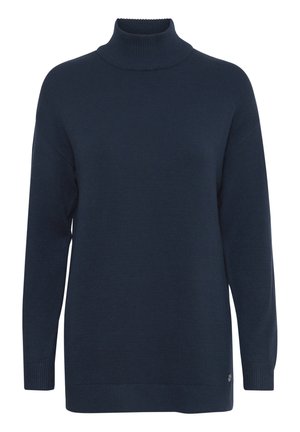 Navy blue turtleneck sweater made of soft knit fabric. Features long sleeves, ribbed cuffs, and a subtle logo at the hem.