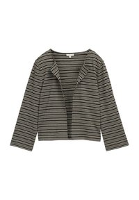 Veste cropped noire et blanche avec un motif à carreaux, devant ouvert et manches longues, offrant une texture de tissu lisse et structurée.