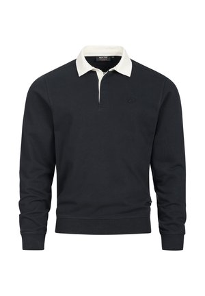 Marineblauer Pullover mit weißem Kragenhals. Verfügt über lange Ärmel, einen strukturierten Stoff und ein kleines Logo auf der Brust.