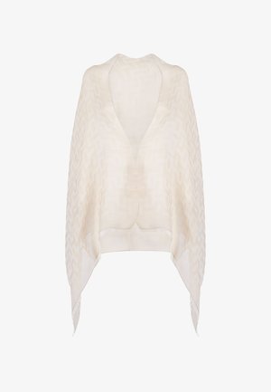 Beżowy szal wykonany z lekkiego materiału o subtelny wzorze geometrycznym. Posiada dekolt w serek oraz miękkie, frędzlowane krawędzie.