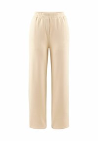 Beige wide-leg pants made of soft fabric, featuring an elasticized waistband and a smooth texture, with no visible embellishments.