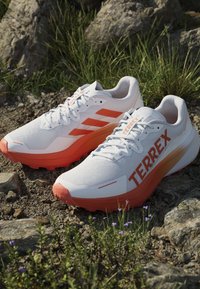 Valkoiset ja oranssit Adidas Terrex polkujuoksukengät ovat asetettu kiviselle maalle, jonka ympärillä kasvaa ruohoa ja pieniä violetteja kukkia.