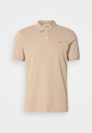 Beige polo shirt made from cotton, with a classic collar, short sleeves, and a small embroidered logo on the chest. Two-button placket.