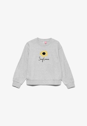 Sweat-shirt gris clair avec un col rond, des manches longues et des poignets élastiques. Présente un motif brodé de tournesol avec le mot "Tournesol".