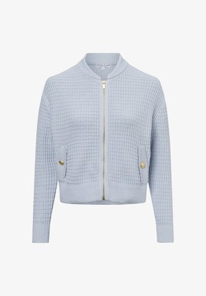 Cardigan azzurro chiaro lavorato a maglia con cerniera frontale, collo, polsini e orlo a coste, e due tasche con patta e bottone sul davanti.