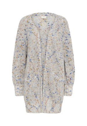 Cardigan long ouvert avec un tricot à motifs multicolores dans des tons de bleu, orange et beige, présentant des poignets et un ourlet côtelés.
