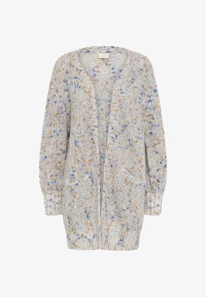 Long open-front cardigan with multicolored speckled knit in blue, orange, and beige tones, featuring ribbed cuffs and hem.