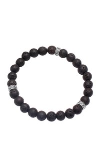 Bracciale in pietra lavica con perline nere texture, intervallato da tre accenti argentati con disegni geometrici.
