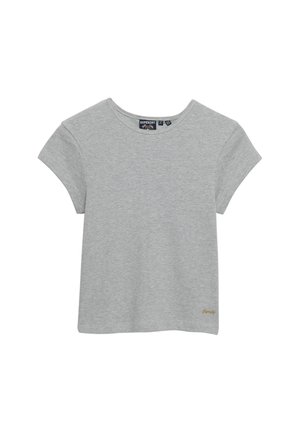 Hellgraues kurzärmeliges Baumwoll-T-Shirt mit Rundhalsausschnitt und kleinem, goldgesticktem Logo nahe dem unteren Saum auf der rechten Seite.