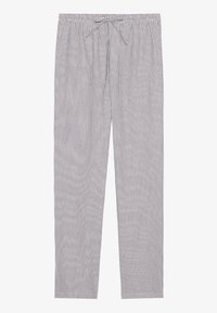 Stribede pyjamasbukser med elastisk talje og snøre. Har smalle lodrette striber i marineblå og hvid. Blødt, åndbart stof.