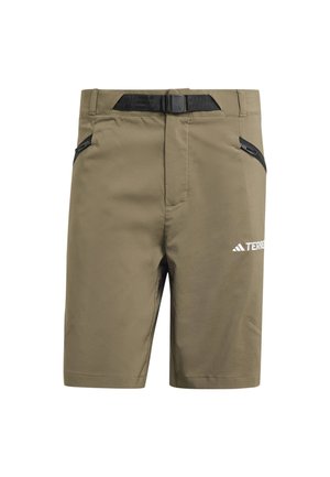 Khaki shorts with a smooth, breathable fabric. Features a black adjustable waistband and zippered side pockets. Includes a white logo detail.