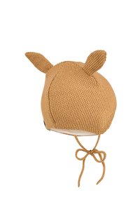 Knitted brown infant hat with ear accents, soft inner lining, and chin ties. Rounded shape with textured, ribbed surface.