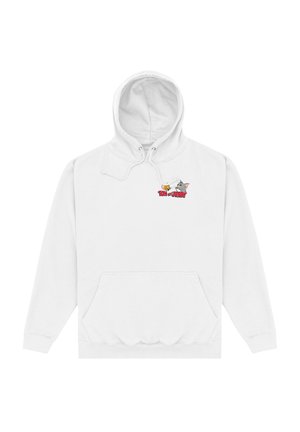 Hvid hættetrøje med en frontlomme. Har et farverigt "Tom og Jerry" grafisk motiv på brystet. Blødt, bomuldsblandet materiale.