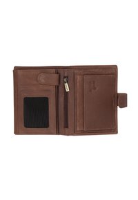 Brun læderpung med en glat tekstur, der har en lynlåslomme, kortholdere og et klart ID-vindue. Indeholder RFID-sikkert designdetalje.