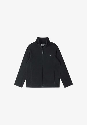 Veste polaire noire avec fermeture éclair intégrale, manches longues, col montant et petit logo sur la poitrine gauche, posée à plat sur fond blanc.