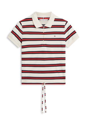 Short-sleeve polo shirt with red, navy, and white horizontal stripes and a front drawstring at the hem.
