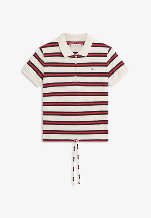 Rövid ujjú póló piros, tengerészkék és fehér vízszintes csíkokkal, elöl húzózsinórral az alján.