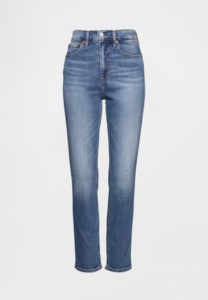 Hochgeschnittene blaue Jeans aus Denim, mit klassischem Fünf-Taschen-Design, dezenten Waschungen und geradem Bein.