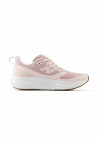 Light pink athletic shoe with a mesh upper, white midsole, rounded toe, laces, and a textured heel. Features a logo on the side.