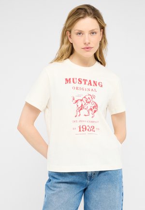 White cotton t-shirt featuring a red graphic print of a horse and rider, with "MUSTANG ORIGINAL" text, short sleeves, and a relaxed fit.