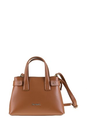 Borsa a mano in pelle marrone con doppi manici superiori, tracolla regolabile, dettagli cuciti e logo sulla parte frontale.