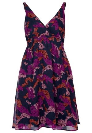 Robe bleu marine sans manches avec col en V et taille froncée, présentant un imprimé animalier abstrait aux tons rose, violet et orange.
