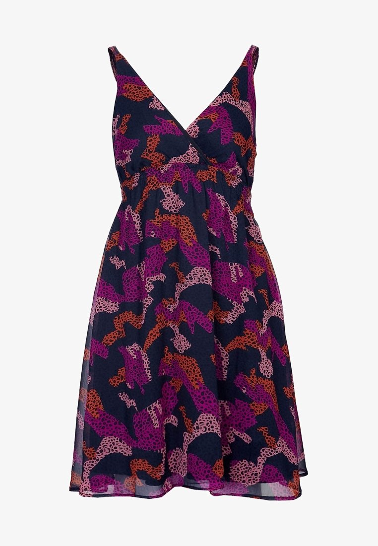 Robe bleu marine sans manches avec col en V et taille froncée, présentant un imprimé animalier abstrait aux tons rose, violet et orange.