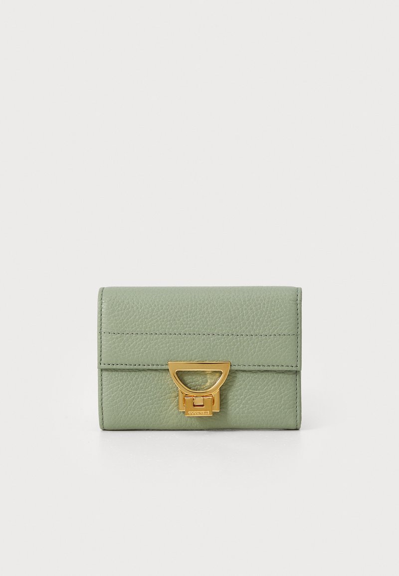 Green leather wallet with a textured finish, featuring a gold metal clasp and subtle stitching details. Compact rectangular shape.