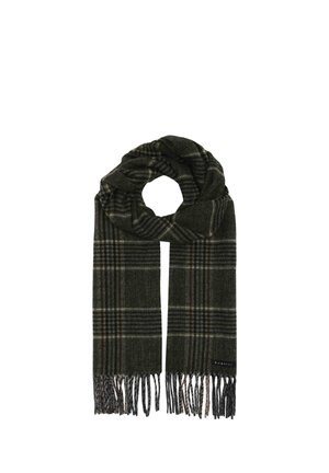 Dark green and brown plaid scarf with fringed ends and a small fabric label on one corner.