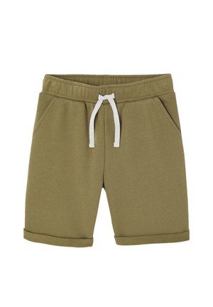 Olive green shorts with elastic waistband, white drawstring, side pockets, and folded hems.