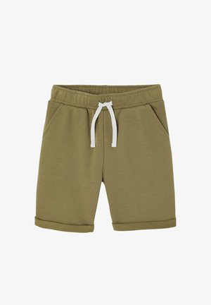 Olive green shorts with elastic waistband, white drawstring, side pockets, and folded hems.