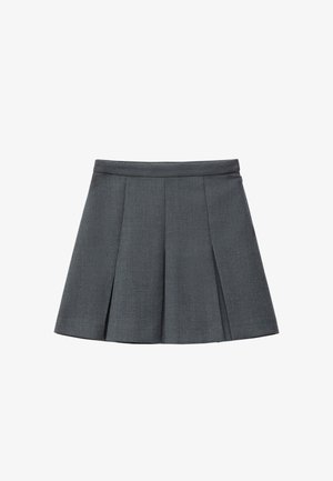 Gray pleated skirt made of textured fabric, featuring a fitted waistband and a flared shape, suitable for casual or formal settings.