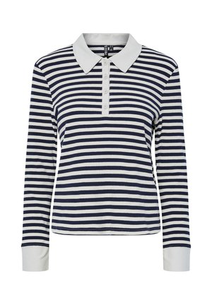 Striped langærmet polo-shirt i marineblå og hvid, med en kontrasterende hvid krave, knaplukning og ribbet tekstur.